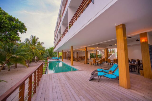 picture-dharavandhoo-kiha-beach-18 Saltwater swimming pool and terrace at Kiha Beach Hotel
